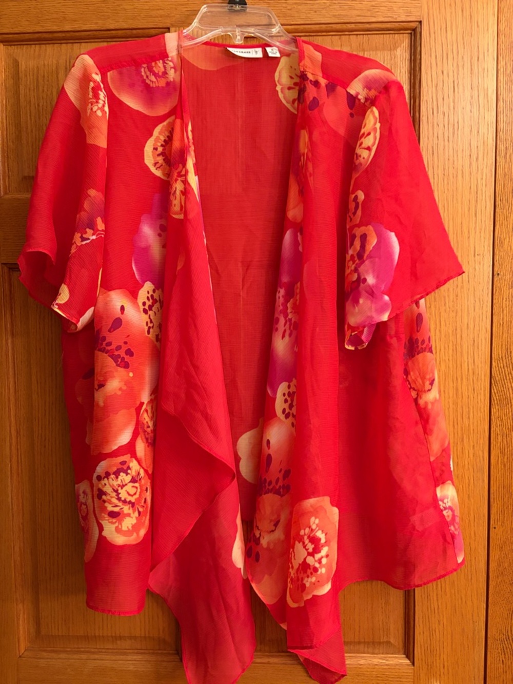 Susan Graver Red Sheer Floral Short Sleeve Kimono Womens 1X Boho Lightweight